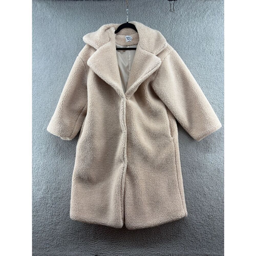 Princess Polly L/XL Teddy Sherpa Long Coat Cream Oversized Cozy Jacket